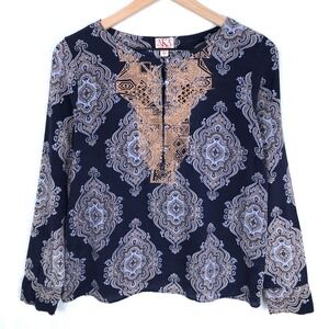 AKA New York 100% Silk Embroidered Lace Paisley Blouse Sz S Navy Bohemian L/S